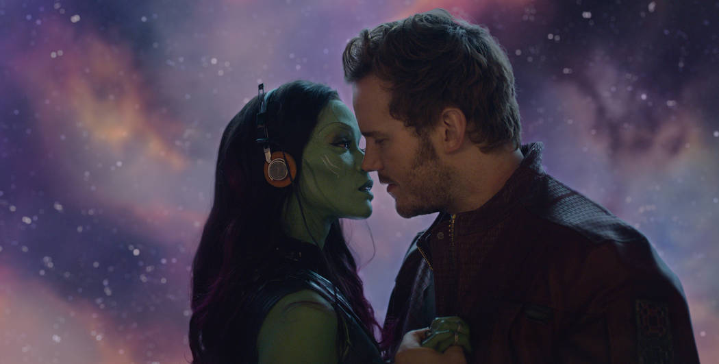 Marvel's Guardians Of The Galaxy..L to R: Gamora (Zoe Saldana) and Star-Lord/Peter Quill (Chris Pratt) Film Frame ©Marvel 2014
