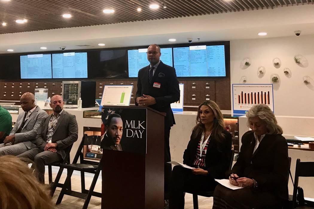Senate Majority Leader Aaron Ford, D-Las Vegas speaks about the lack of minority involvement in the marijuana industry at Jardin Dispensary in Las Vegas on Jan. 12. (Madelyn Reese/View) @MadelynGReese