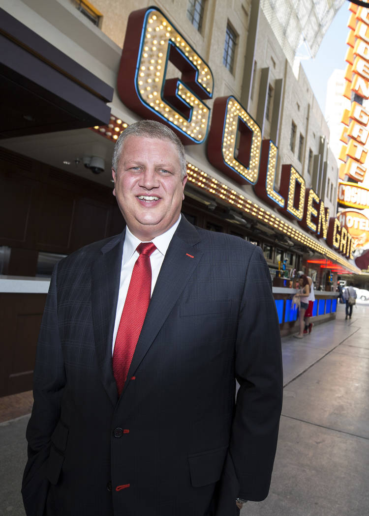 Golden Gate CEO Derek Stevens in front of his Fremont Street property following a ribbon cutting ceremony to officially unveil the expansion and renovations at the Golden Gate hotel-casino on Frid ...