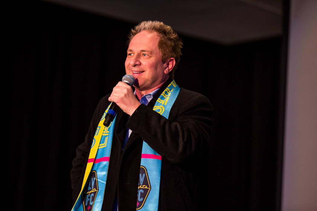 Findlay Toyota general manager John Barr speaks during a jersey for the Las Vegas Lights FC soccer team reveal event at the Zappos Downtown campus on Las Vegas Boulevard on Wednesday, Feb. 7, 2018 ...