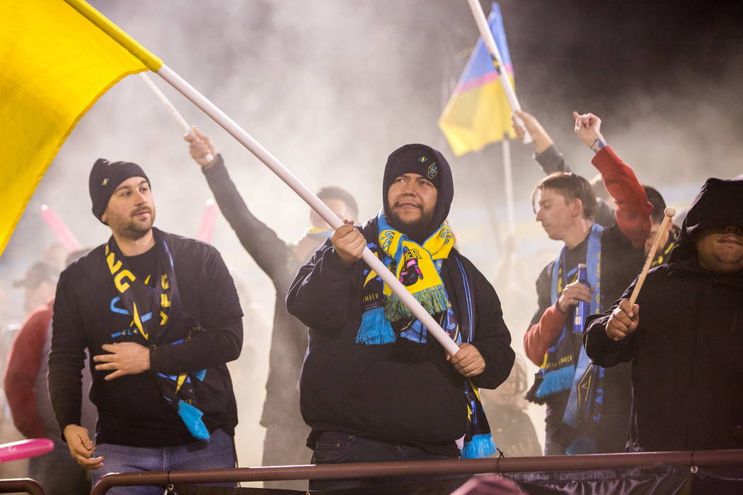 Fans cheer and wave flags before the first Las Vegas Lights FC game at Cashman Field in Las Vegas on Saturday, Feb. 10, 2018.  Patrick Connolly Las Vegas Review-Journal @PConnPie