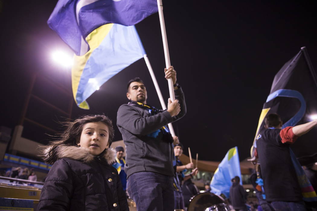 Sofia Mancilla, 4, and her father Luis, attend the exhibition match between the Las Vegas Lights FC and Montreal Impact at Cashman Field in Las Vegas, Saturday, Feb. 10, 2018. Erik Verduzco Las Ve ...