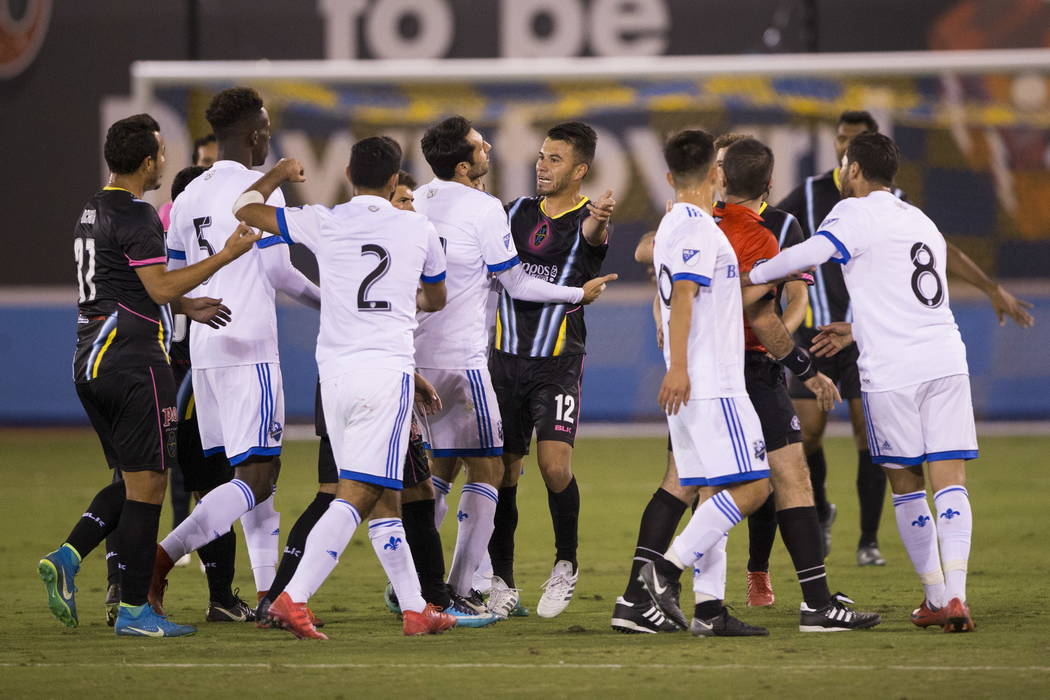 Las Vegas Lights FC and Montreal Impact players get into a scuffle during the exhibition match at Cashman Field in Las Vegas, Saturday, Feb. 10, 2018. Montreal won 2-0. Erik Verduzco Las Vegas Rev ...