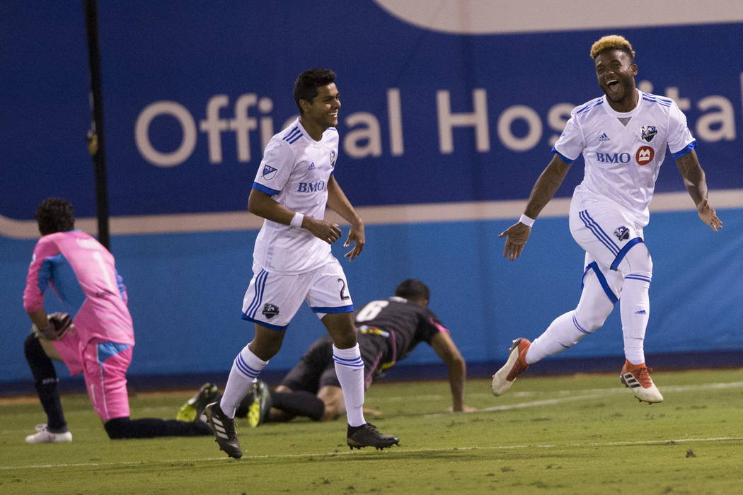 Montreal Impact’s Michael Salazar (19) celebrates his goal against the Las Vegas Lights FC during the exhibition match at Cashman Field in Las Vegas, Saturday, Feb. 10, 2018. Montreal won 2 ...