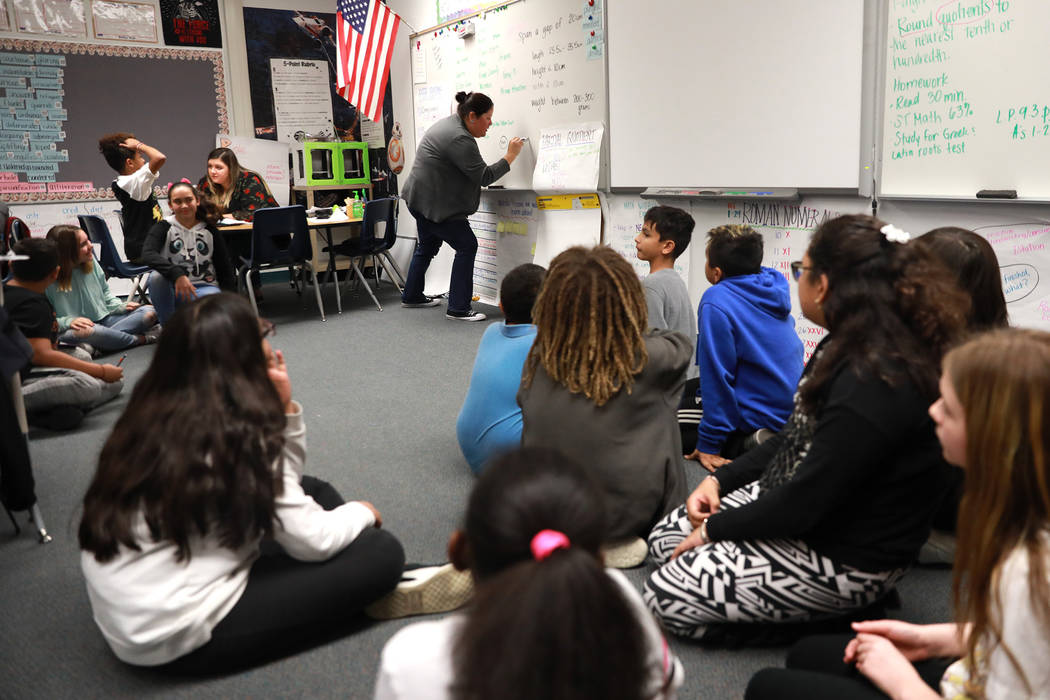 Teacher Celia Roberts teaches her students at Doris French Elementary School, which went from being ranked two stars to five stars, in Las Vegas, Friday, Feb. 2, 2018. Andrea Cornejo Las Vegas Rev ...