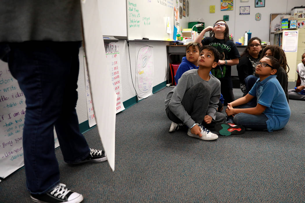 Students listen to instructions at Doris French Elementary School, which went from being ranked two stars to five stars, in Las Vegas, Friday, Feb. 2, 2018. Andrea Cornejo Las Vegas Review-Journal ...