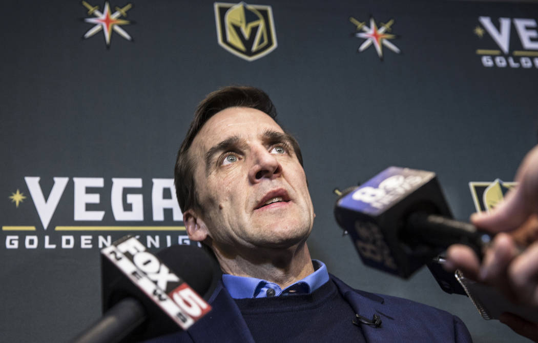 Vegas Golden Knights General Manager George McPhee address the media during a press conference on Wednesday, March, 1, 2017, at the team office, in Las Vegas. (Benjamin Hager/Review-Journal) @benj ...