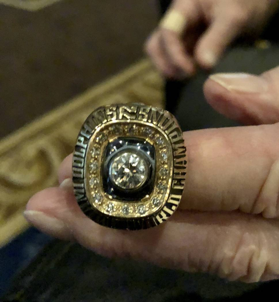 Bob Griese shows his 1973 Super Bowl ring, awarded for the 17-0 Miami Dolphins after they beat the Washington Redskins 14-7. Griese wore the ring during the Super Bowl VIP party at Westgate Las Ve ...