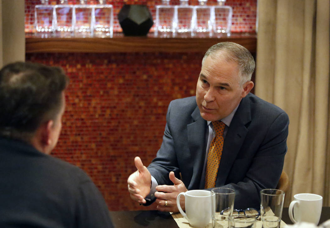 Environmental Protection Agency Administrator Scott Pruitt speaks during an interview with the Las Vegas Review-Journal Tuesday, Feb. 6, 2018, in Las Vegas. Bizuayehu Tesfaye/Las Vegas Review-Jour ...