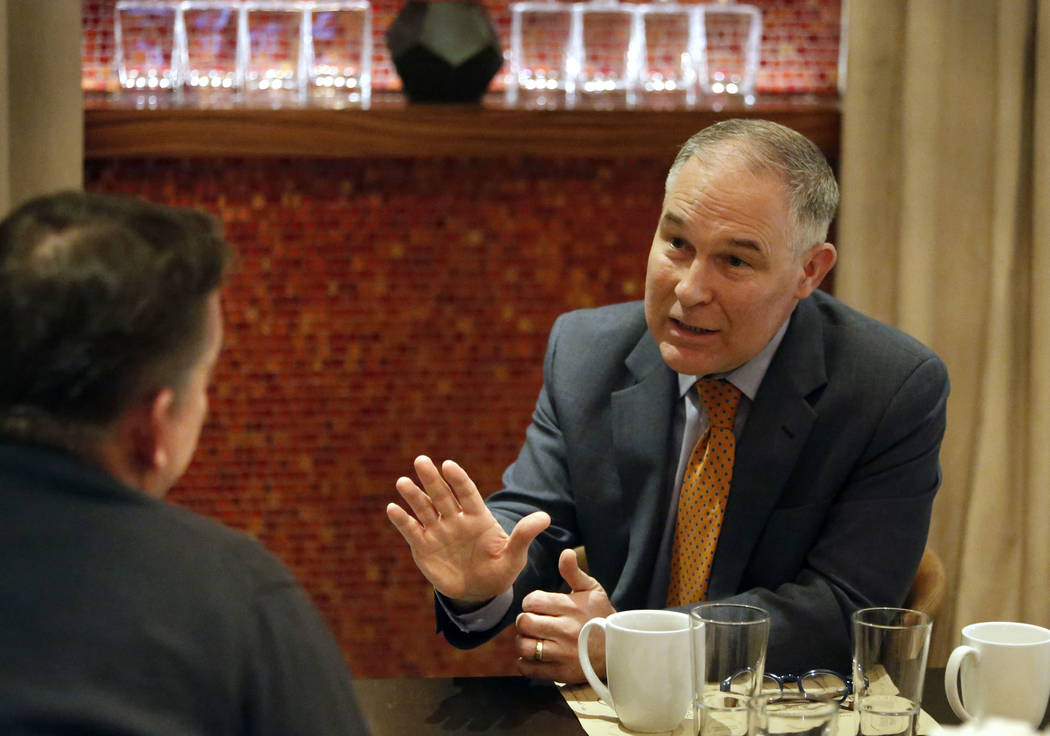Environmental Protection Agency Administrator Scott Pruitt speaks during an interview with the Las Vegas Review-Journal Tuesday, Feb. 6, 2018, in Las Vegas. Bizuayehu Tesfaye/Las Vegas Review-Jour ...