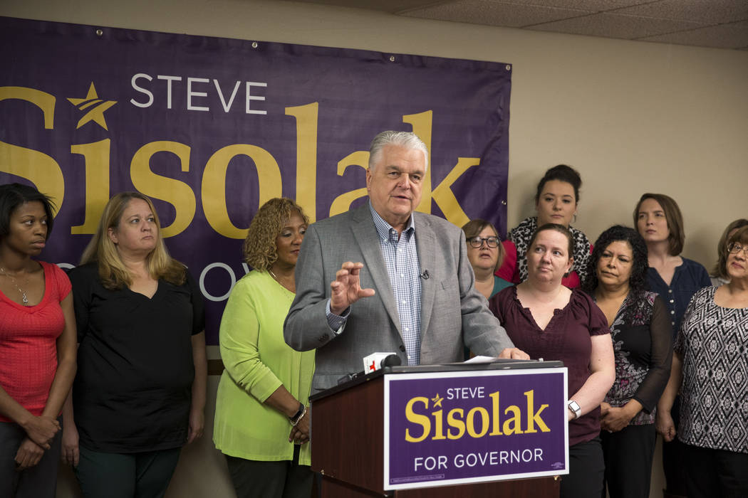 Clark County Commission Chairman and Democratic gubernatorial candidate Steve Sisolak speaks to CCSD employees during a news conference at the Clark County Education Association building in Las Ve ...