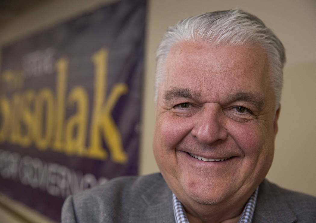 Clark County Commission Chairman and Democratic gubernatorial candidate Steve Sisolak poses after speaking to CCSD employees during a news conference at the Clark County Education Association buil ...