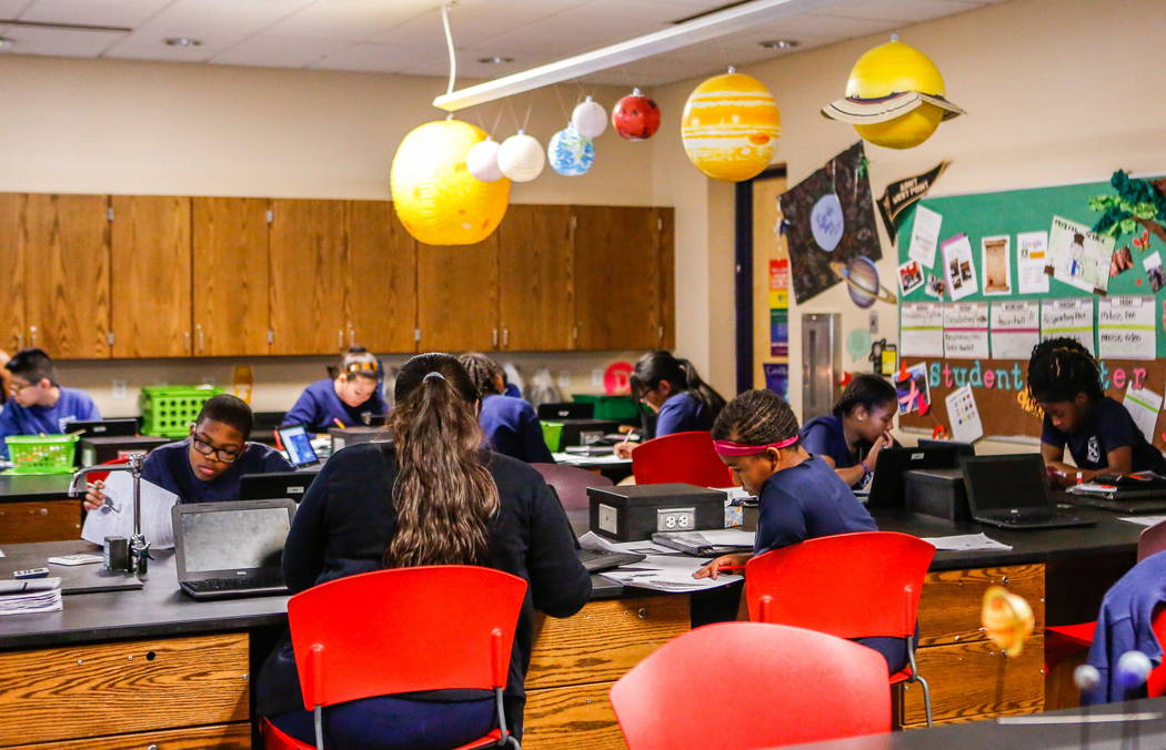 Students work in a sixth-grade science class at Democracy Prep at Agassi Campus on Lake Mead Boulevard on Thursday, Feb. 8, 2018.  Patrick Connolly Las Vegas Review-Journal @PConnPie