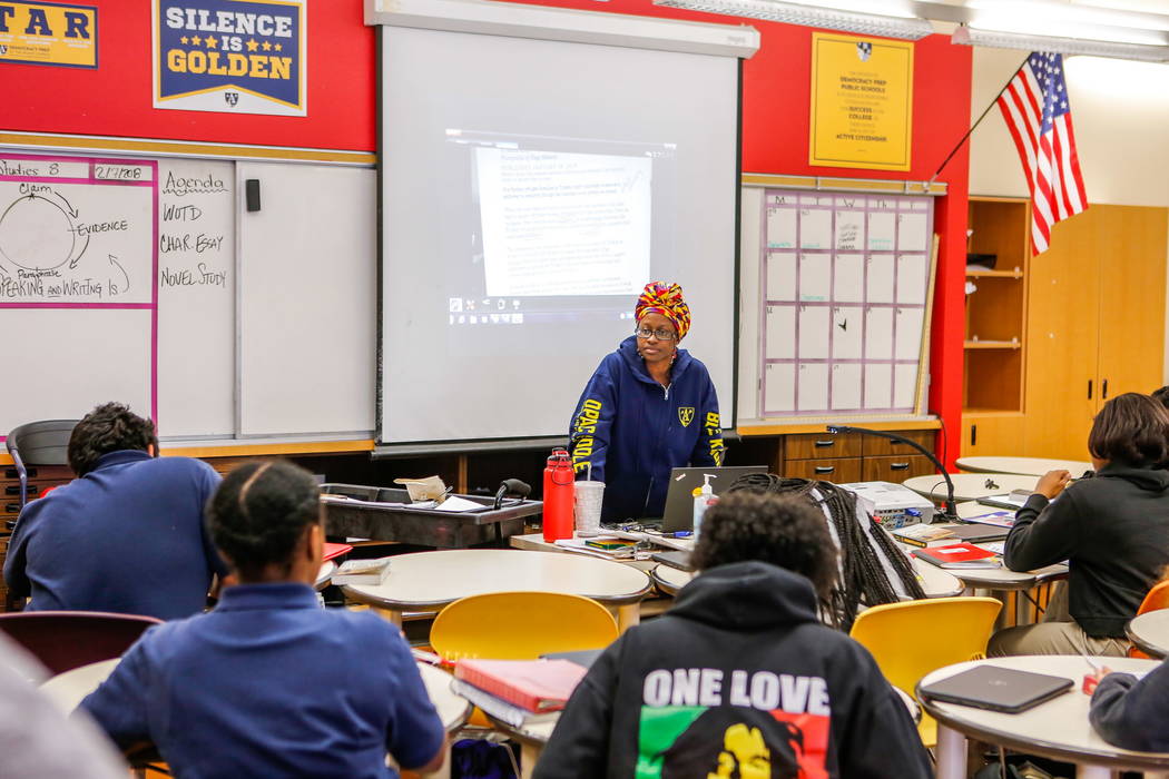 Students work in Jai Marin's eighth-grade literature class at Democracy Prep at Agassi Campus on Lake Mead Boulevard on Thursday, Feb. 8, 2018.  Patrick Connolly Las Vegas Review-Journal @PConnPie