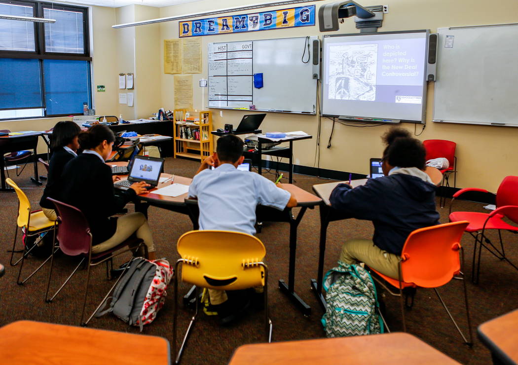 Students work in Taylor Simpson's high school history course at Democracy Prep at Agassi Campus on Lake Mead Boulevard on Thursday, Feb. 8, 2018.  Patrick Connolly Las Vegas Review-Journal @PConnPie