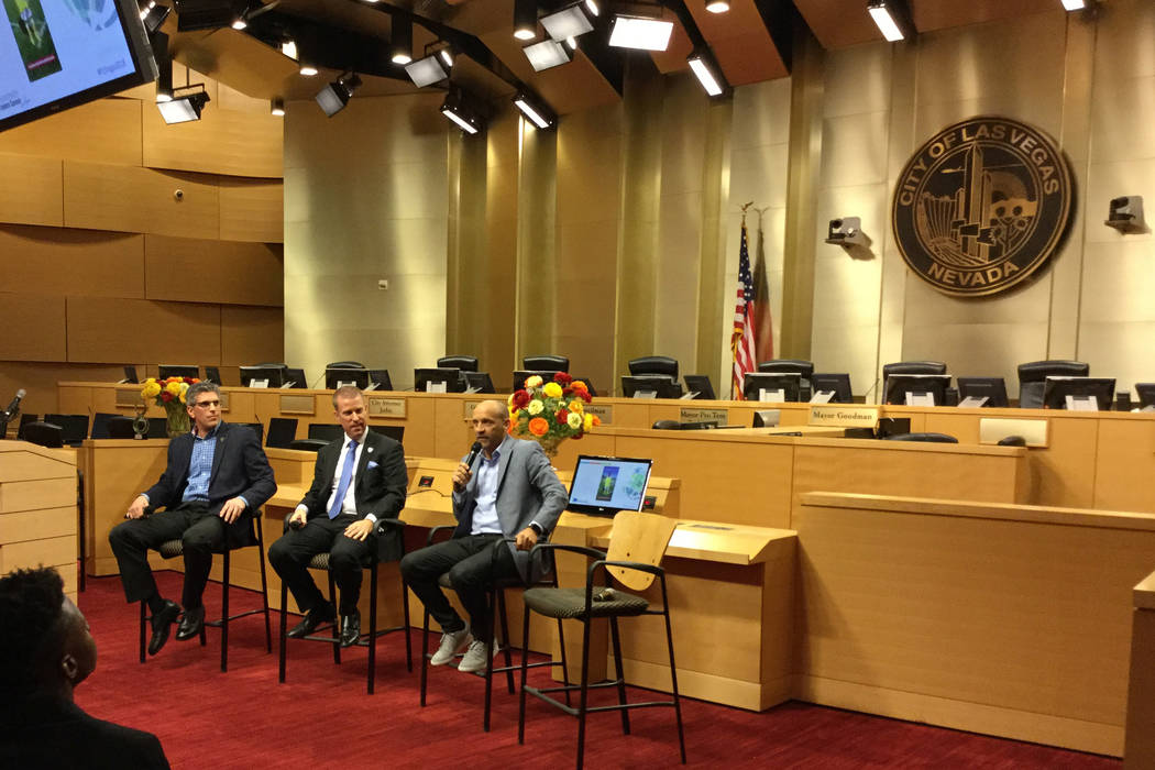 President of the Vegas Golden Knights Foundation John Coogan, left, Executive Director of the Raiders Foundation Chris Mallory and Simon Keith, founder of the kimono Keith Foundation, discuss spor ...