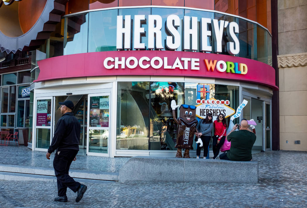 Strip visitors take photos in front of Hershey's Chocolate World on Las Vegas Boulevard on Wednesday, Feb. 7, 2018.  Patrick Connolly Las Vegas Review-Journal @PConnPie