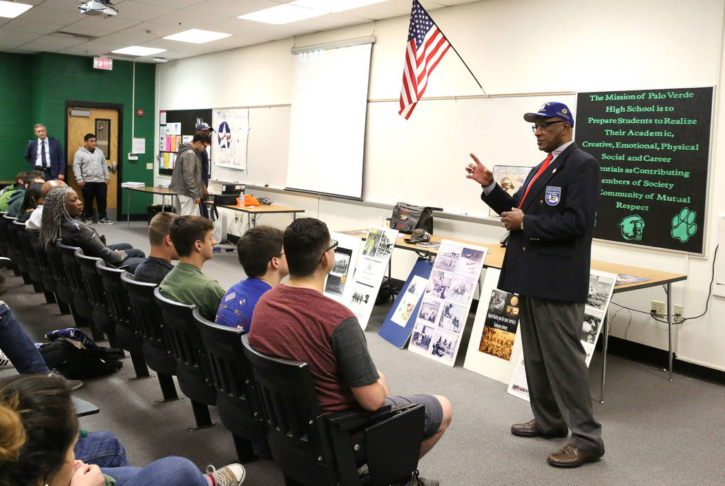 Robert Lee Porter, a retired Air Force veteran and past president of the the San Diego chapter of the Tuskegee Airmen, speaks about Tuskegee Airmen to Palo Verde High School students on Monday, Fe ...