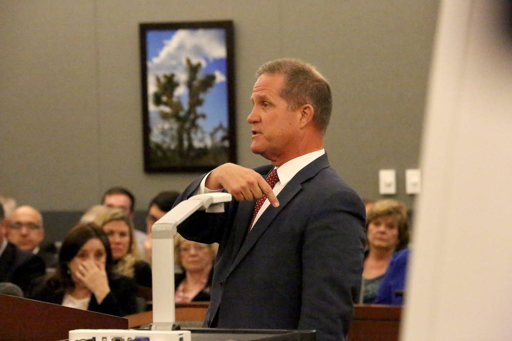 Nevada Lt. Gov. Mark Hutchison, who is the lead attorney for the recall groups, addresses Clark County District Judge Jerry Wiese on Wednesday, February 7, 2018. Michael Quine Las Vegas Review-Jou ...