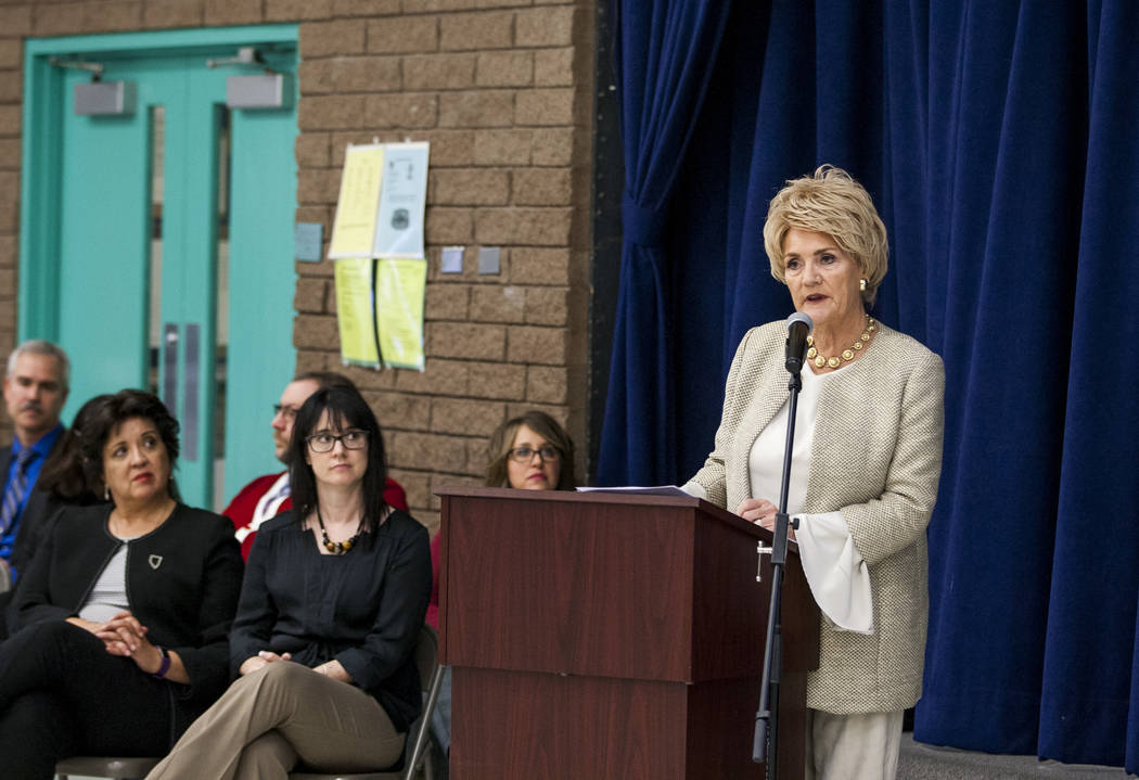 Former First Lady of Nevada Sandy Miller speaks at an announcement of the Fund Our Future Nevada campaign at Bill Y. Tomiyasu Elementary School in Las Vegas on Tuesday, Feb. 13, 2018.  Patrick Con ...