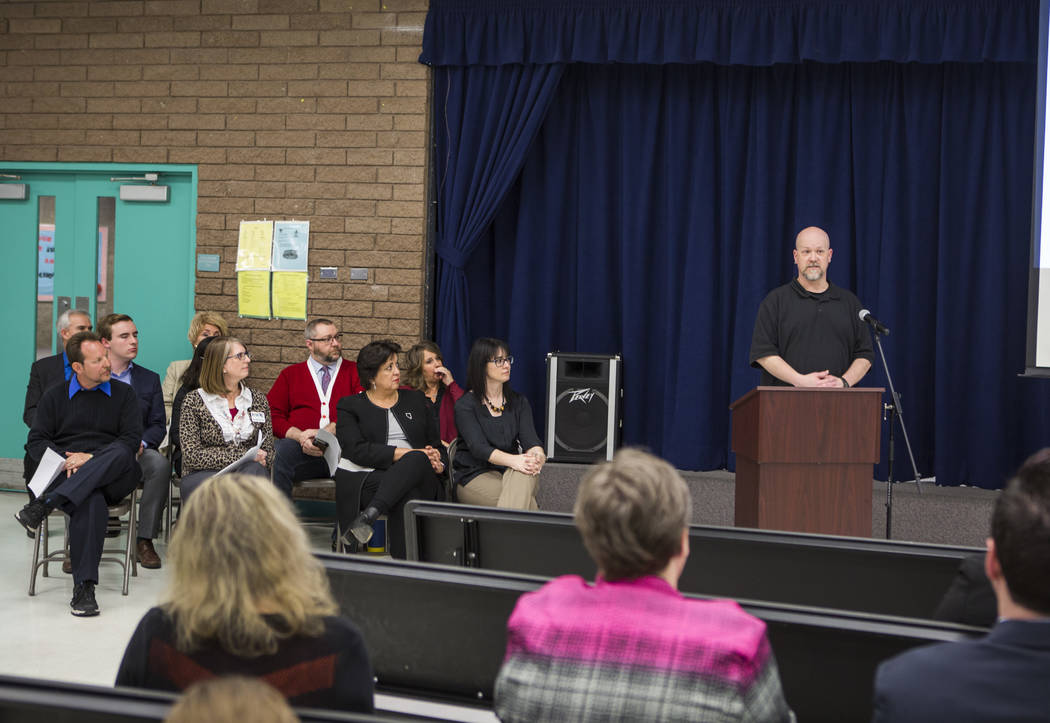 Rancho High School teacher Robert Cowles speaks at an announcement of the Fund Our Future Nevada campaign at Bill Y. Tomiyasu Elementary School in Las Vegas on Tuesday, Feb. 13, 2018.  Patrick Con ...