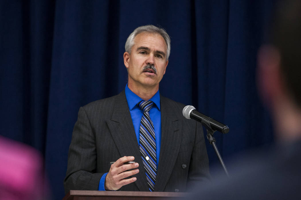 Paul Johnson, Chief Financial Officer for the White Pine County School District, speaks at an announcement of the Fund Our Future Nevada campaign at Bill Y. Tomiyasu Elementary School in Las Vegas ...
