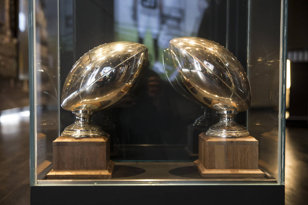The Sporting News Marlboro Award on display in the Raiders Preview Center at Town Square Las Vegas in Las Vegas, Tuesday, Feb. 6, 2018. Erik Verduzco Las Vegas Review-Journal @Erik_Verduzco