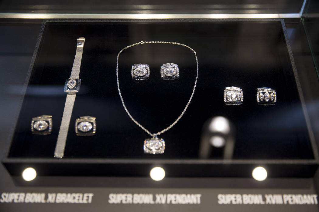 A Super Bowl bracelet and pendants on display in the Raiders Preview Center at the Town Square Las Vegas in Las Vegas, Tuesday, Feb. 6, 2018. Erik Verduzco Las Vegas Review-Journal @Erik_Verduzco