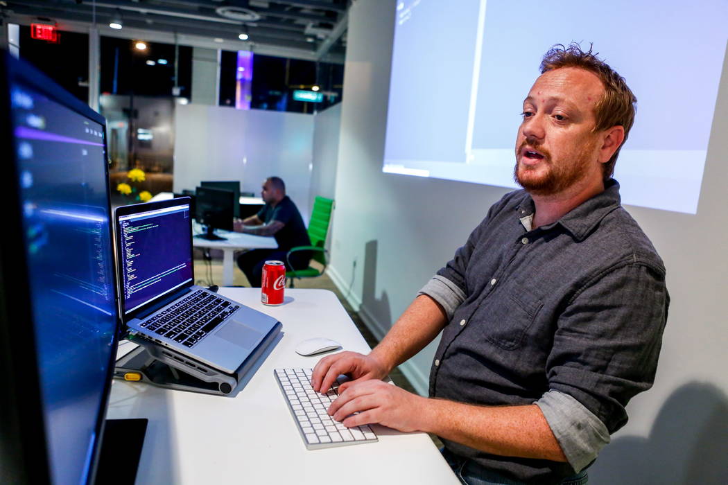 Mike Sweeney, lead instructor at PunchCode, teaches a JavaScript crash course at PunchCode on Casino Center Boulevard on Thursday, Feb. 8, 2018.  Patrick Connolly Las Vegas Review-Journal @PConnPie