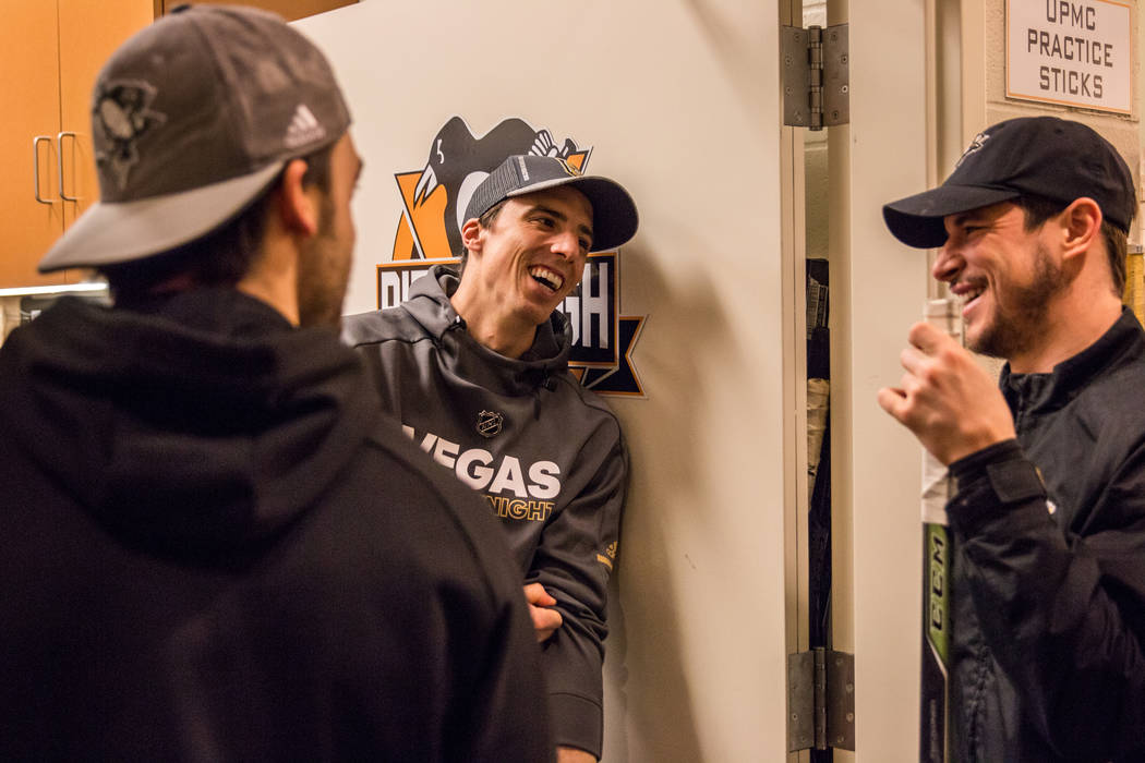 Golden Knights goaltender Marc-Andre Fleury, center, visits with members of his former team, the Pittsburgh Penguins, in Pittsburgh on Tuesday, Feb. 6, 2018. Pittsburgh Penguins/Evan Schall