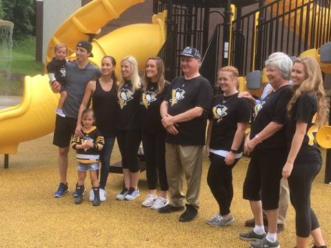Former Penguins goaltender Marc-Andre Fleury and family is seen in this June 2017 photo of the groundbreaking at Sto-Ken-Rox Boys and Girls Club in McKees Rock, Pa. (Sto-Ken-Rox Boys and Girls Club)