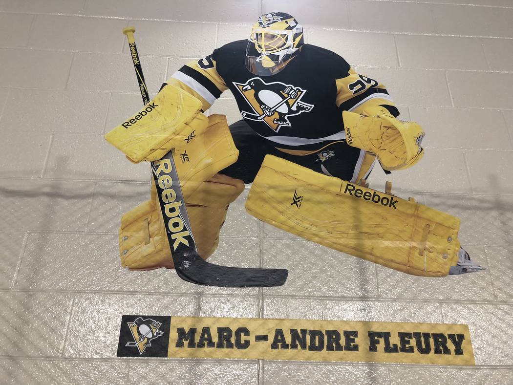 A photo of Marc-Andre Fleury is seen on the wall at the Sto-Ken-Rox Boys and Girls Club in McKees Rock, Pa. (Ed Graney/Las Vegas Review-Journal)