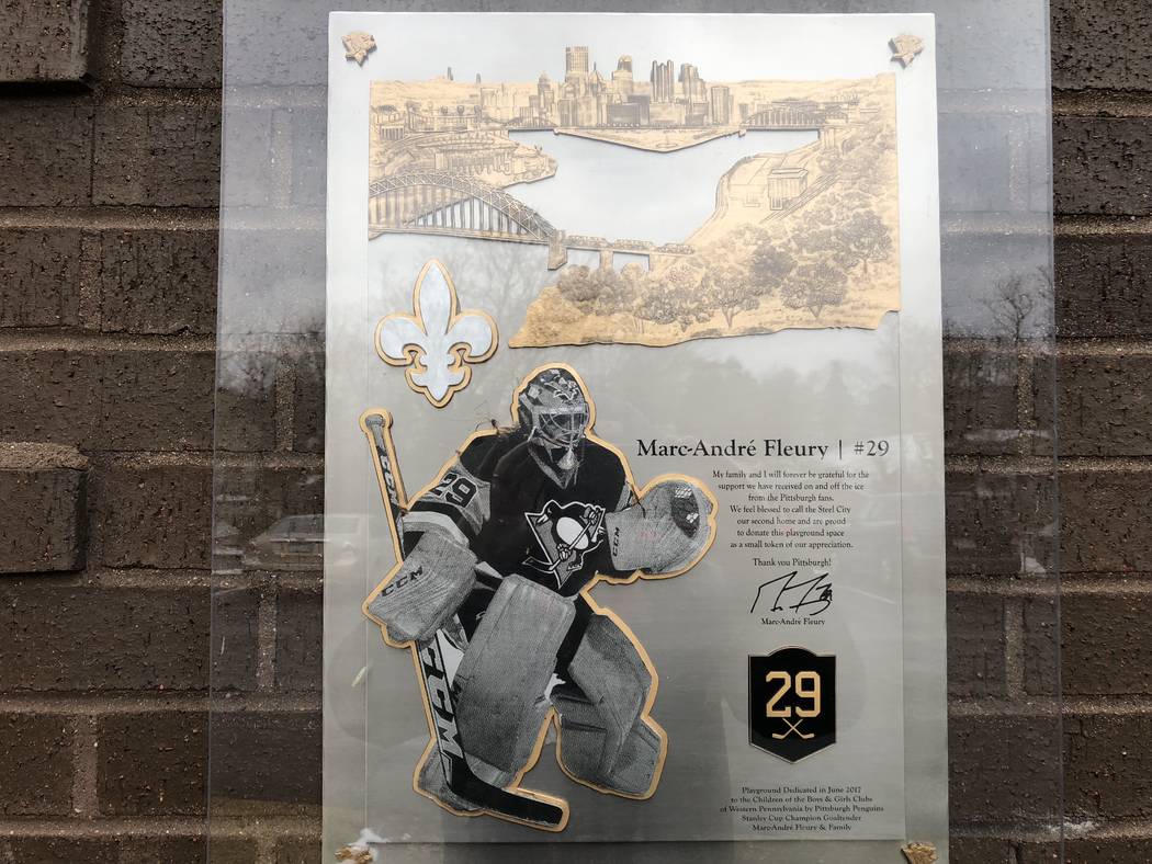 A plaque featuring former Penguins goaltender Marc-Andre Fleury is seen at the Sto-Ken-Rox Boys and Girls Club in McKees Rock, Pa. (Ed Graney/Las Vegas Review-Journal)