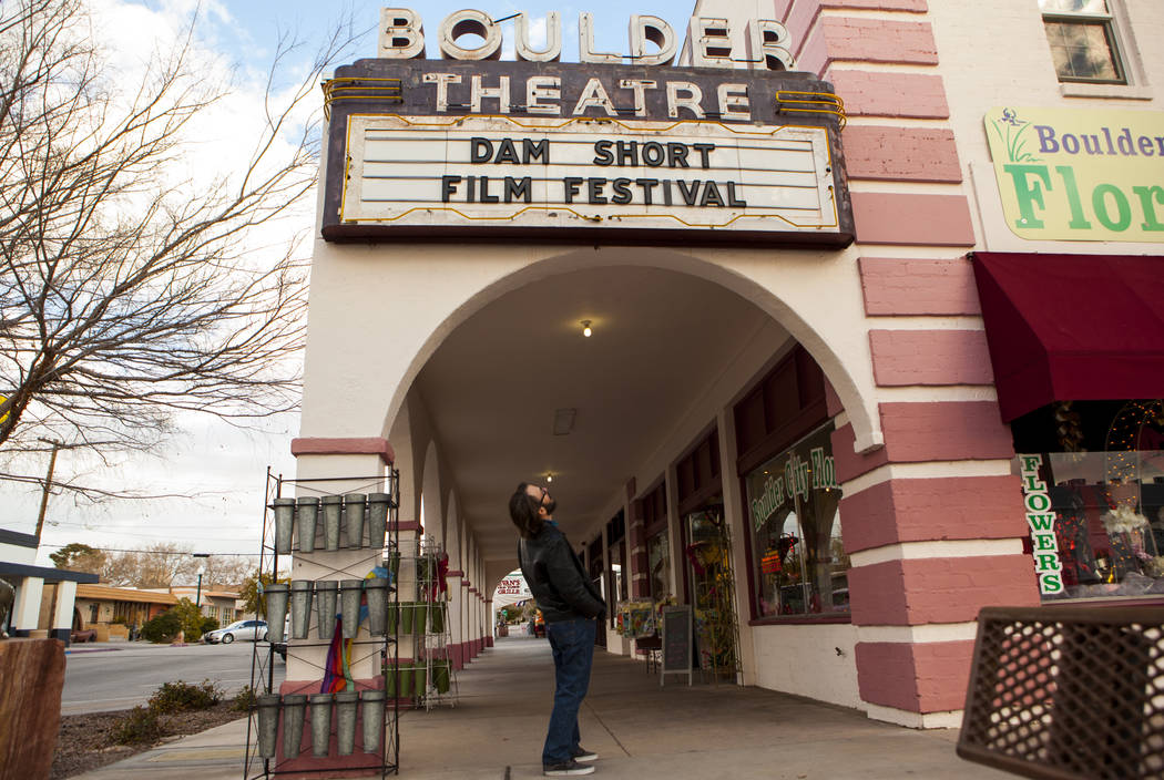 Lee Lanier, executive director and co-founder of the Dam Short Film Festival, in front of the Boulder Theatre in Boulder City on Friday, Feb. 3, 2017. (Miranda Alam/Las Vegas Review-Journal) @mira ...