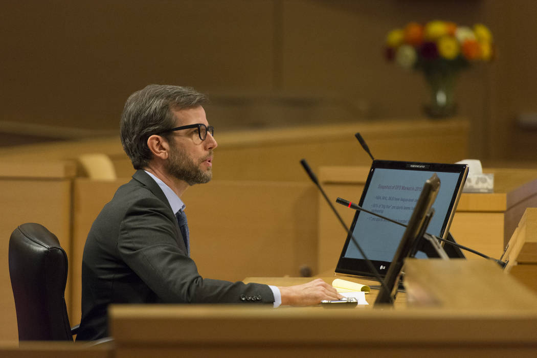 Chris Grove, senior partner at Narus Advisors and consultant at Eilers and Krejcik Gaming, speaks at the Nevada Gaming Policy Committee meeting at Las Vegas City Hall Council Chambers Monday, Marc ...