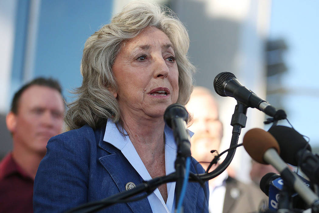 Representative Dina Titus (D-NV 1st District) addresses the crowd during a vigil at Las Vegas City Hall in Las Vegas, Monday, Oct. 2, 2017. (Bridget Bennett/Las Vegas Review-Journal) @BridgetKBennett