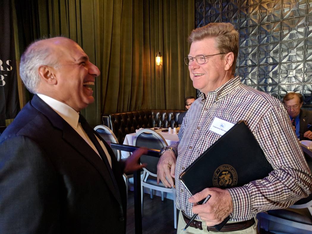 Rep. Mark Amodei, R-Nev., right, chats with Las Vegas City Councilman Stavros Anthony on Oct. 20, 2017, before a Las Vegas Metro Chamber of Commerce breakfast at The Sayers Club inside SLS Las Veg ...