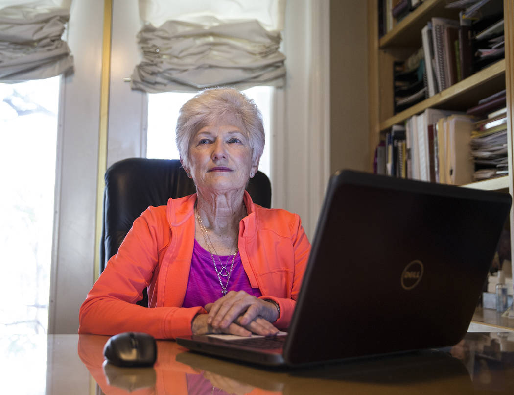 Writer/advocate Nancy Nelson, 74, works on a poem in her office on Monday, February 5, 2018, in Las Vegas. Nelson was diagnosed with early onset Alzheimerճ disease in 2013, and attributes mu ...
