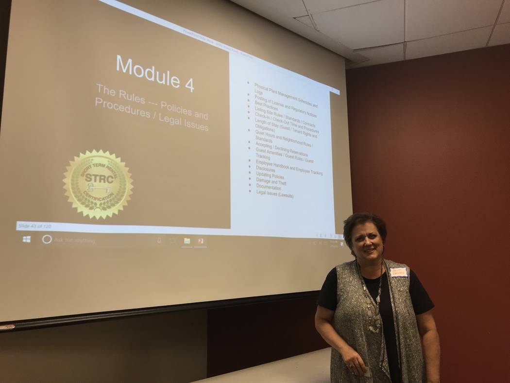 Short-term rental certification instructor Julie Davies stands in front of the classroom at the College of Southern Nevada West Charleston campus on Feb. 9, 2018. (Madelyn Reese/ Las Vegas Review- ...