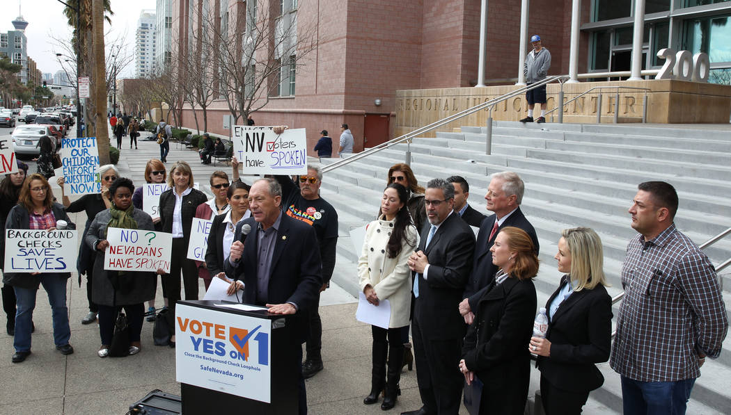 Former Clark County Sheriff Bill Young speaks with supporters of Question 1 outside the Regional Justice Center in Las Vegas on Friday, Feb. 23, 2018. K.M. Cannon Las Vegas Review-Journal @KMCanno ...