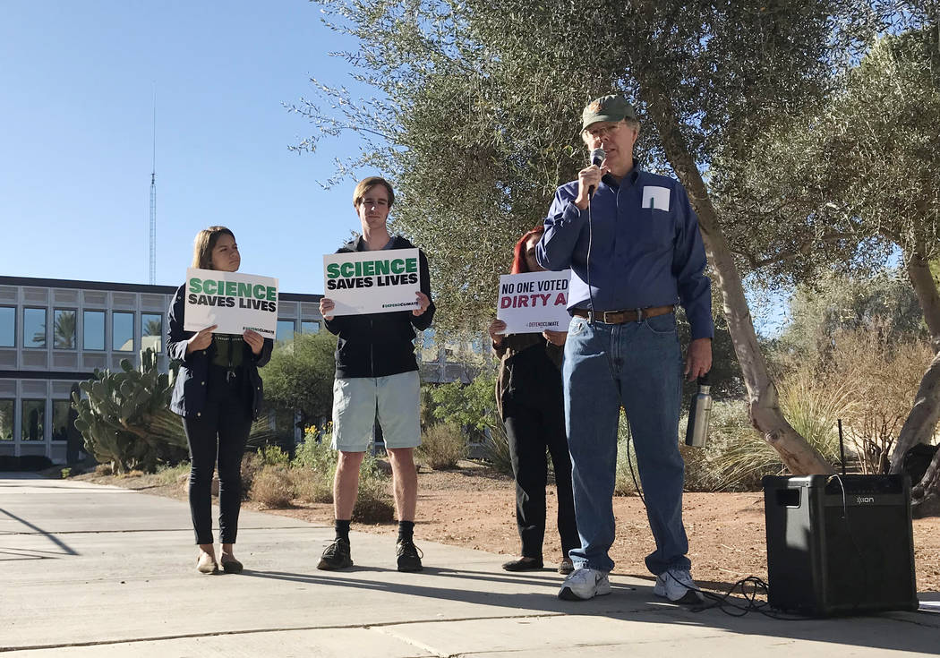 Jeffrey Van Ee, former pollution specialist for the Environmental Protection Agency, speaks during a Sierra Club protest Dec. 1 in front of the EPA lab at UNLV. The agency has confirmed that the l ...