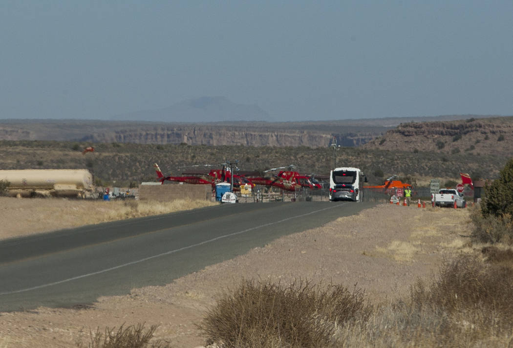 Papillon helicopters sit next to a security checkpoint at Grand Canyon West on the Hualapai Nation Indian Reservation in Arizona on Sunday, Feb. 11, 2018.  Patrick Connolly Las Vegas Review-Journa ...