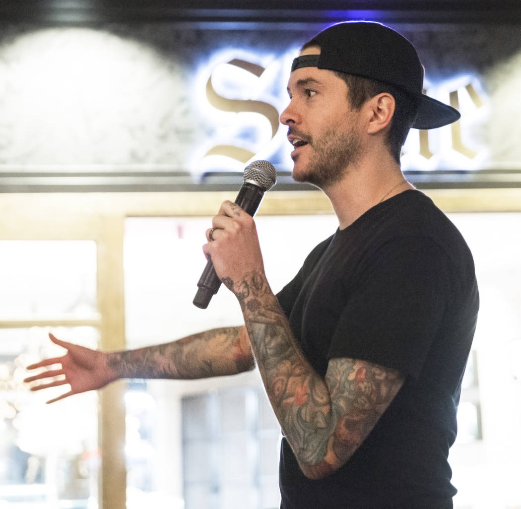 SJC co-founder Mike Ciprary address the crowd during the unveiling of custom a drumkit/art his company built for Sum 41 drummer Frank Zummo called Rise Above on Friday, February 16, 2018, at The H ...