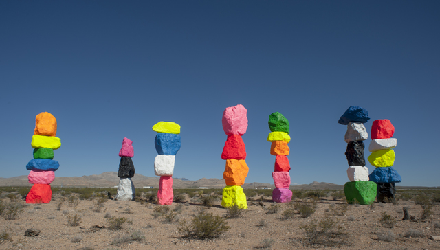 Seven Magic Mountains -- a large-scale, site-specific public artwork by the artist Ugo Rondinone -- is seen in this view looking west near the Jean Dry Lake south of Las Vegas on Monday, May 9, 20 ...