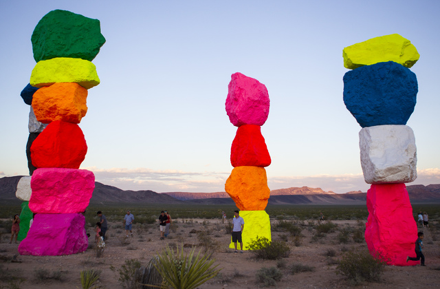 People explore the area at Seven Magic Mountains near Jean, Nev. on Monday, May 16, 2016. Chase Stevens/Las Vegas Review-Journal Follow @csstevensphoto