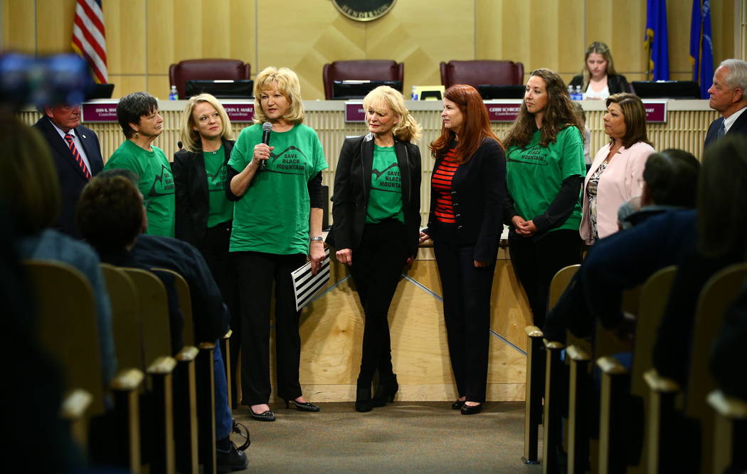 Denell Hahn, center left, of the Black Mountain Neighborhood Association speaks as the group is recognized during a Henderson City Council meeting on Tuesday, Feb. 20, 2018. The Black Mountain Gol ...