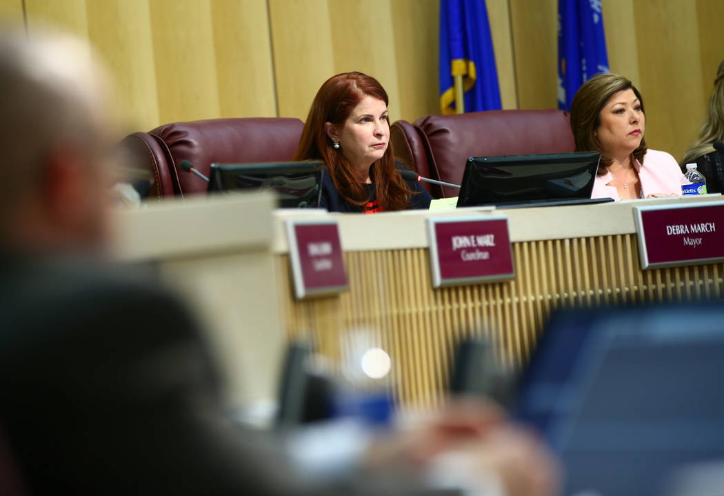 Henderson Mayor Debra March, left, and councilwoman Gerri Schroder listen to comments during a Henderson City Council meeting on Tuesday, Feb. 20, 2018. Chase Stevens Las Vegas Review-Journal @css ...
