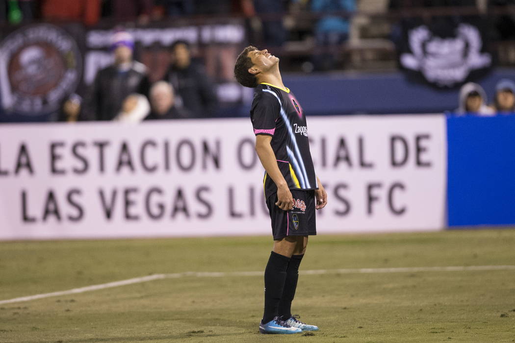 Las Vegas Lights FC’s Juan Jose Calderon (10) reacts after missing a shot at the goal during the first half of the exhibition soccer game at Cashman Field in Las Vegas, Saturday, Feb. 24, 2 ...