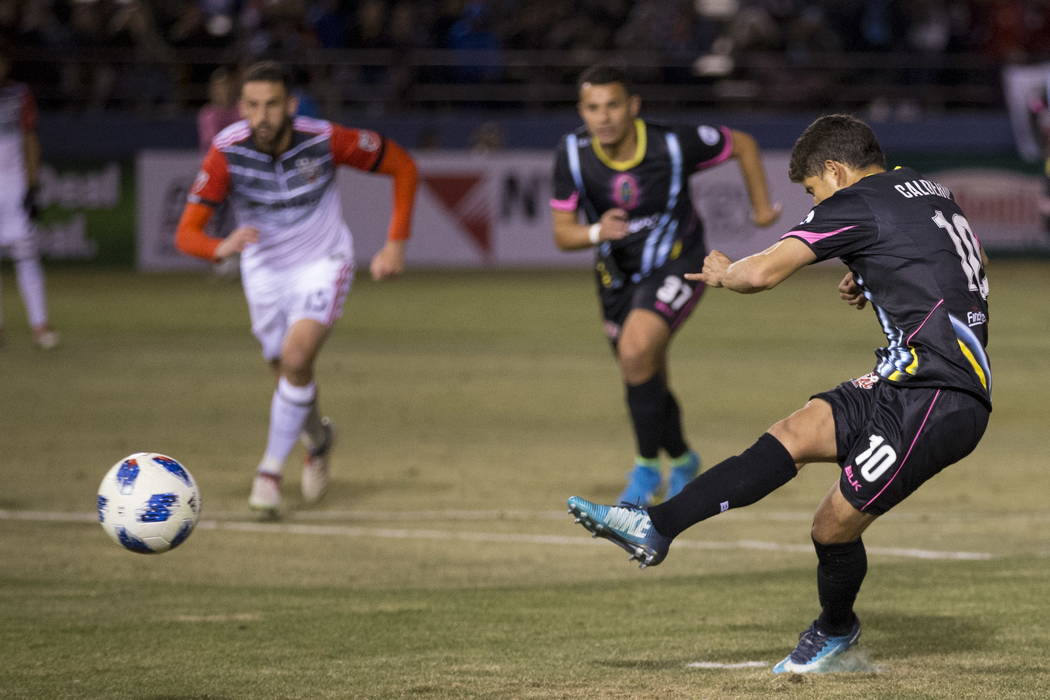 Las Vegas Lights FC’s Juan Jose Calderon (10) scores a penalty kick during the second half of the exhibition soccer game at Cashman Field in Las Vegas, Saturday, Feb. 24, 2018. Erik Verduzc ...