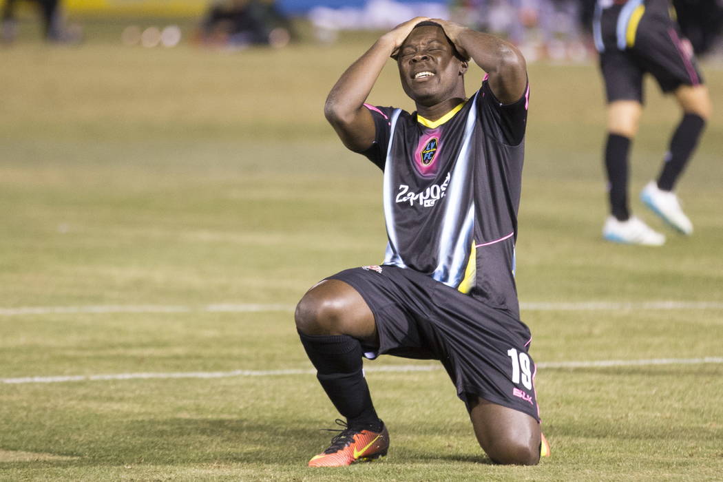Las Vegas Lights FC’s Freddy Adu (19) reacts after missing a shot at the goal against D.C. United during the second half of the exhibition soccer game at Cashman Field in Las Vegas, Saturda ...